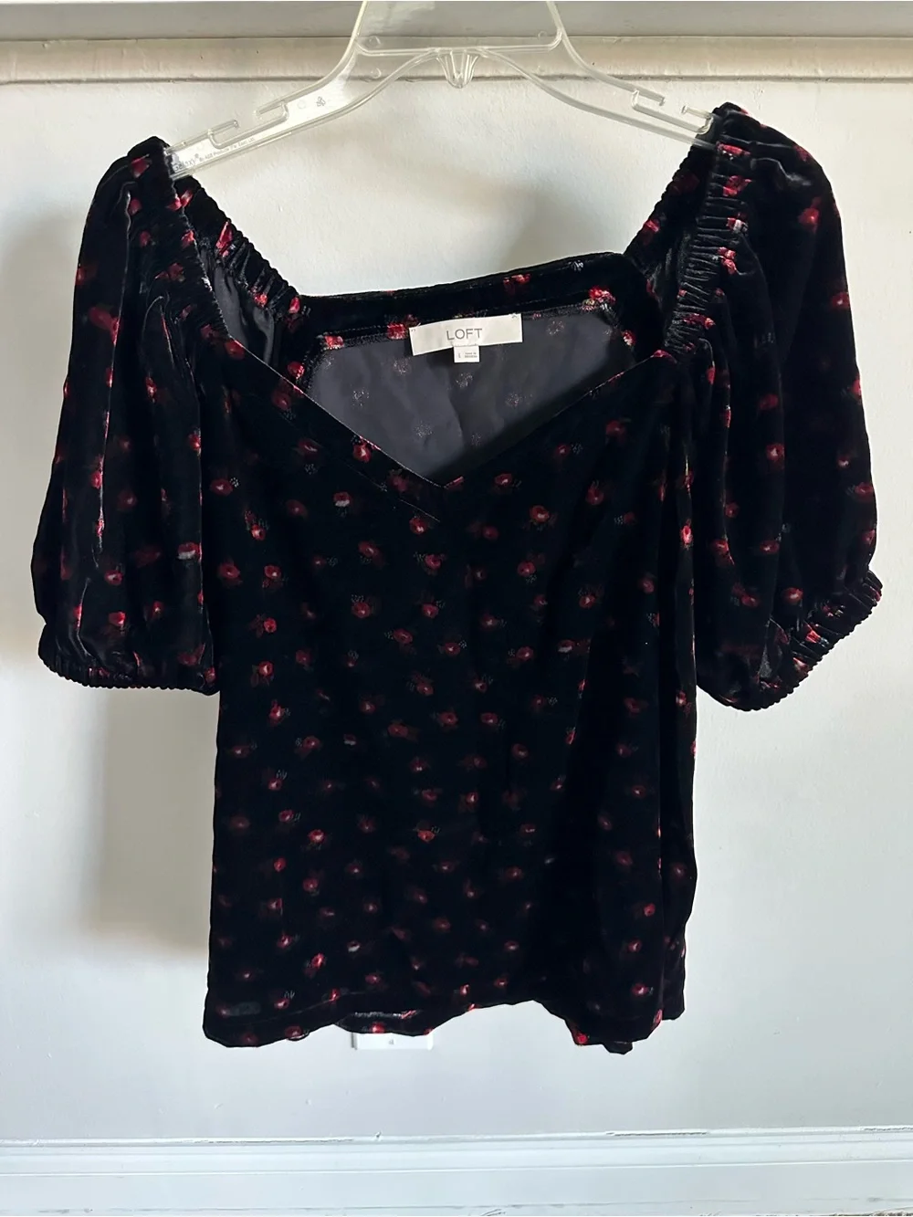 LOFT Black Velvet Puff-Sleeve Top with Red Floral Dots